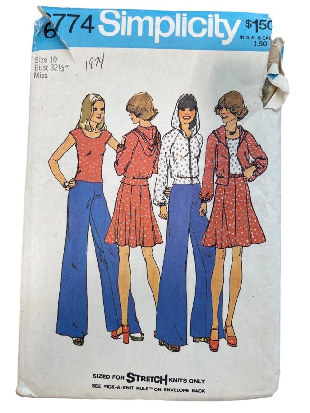 Vintage 70s Simplicity 6774 Pattern Size 10 Misses Top Skirt Pants Jacket CUT